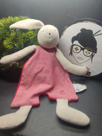 doudou plat lapin gris rouge blanc rayé coudémail ancien Beige 3811