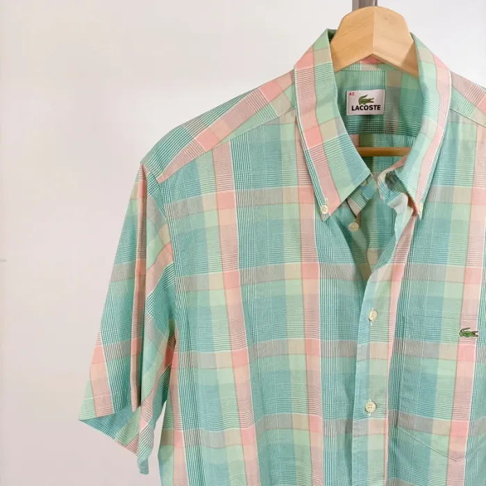 Chemise Lacoste vintage homme manches courtes carreaux verts et roses taille 42 vintage A1492 - photo numéro 3