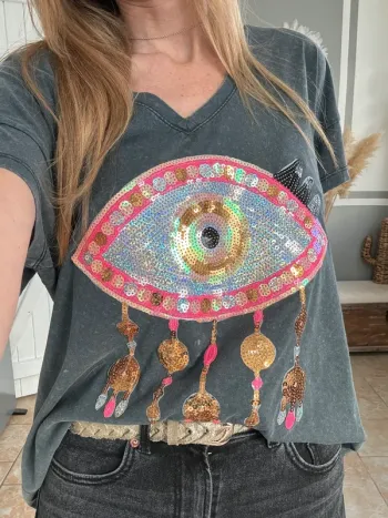Tee-shirt bohème multicolore sequins taille unique