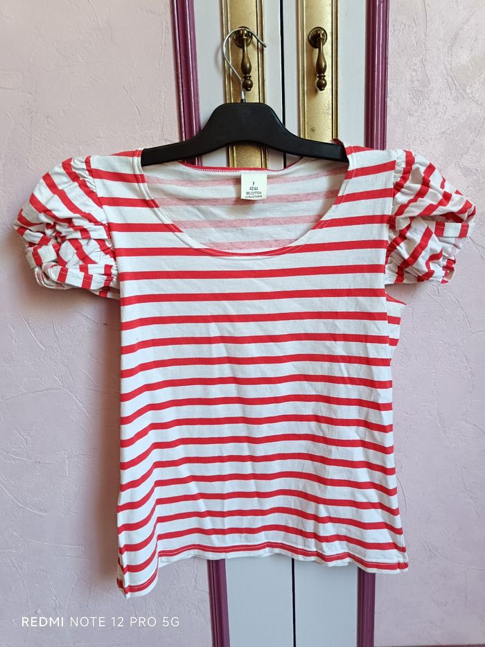 Tee-shirt rayé rouge- blanc T.42/44 - photo numéro 2