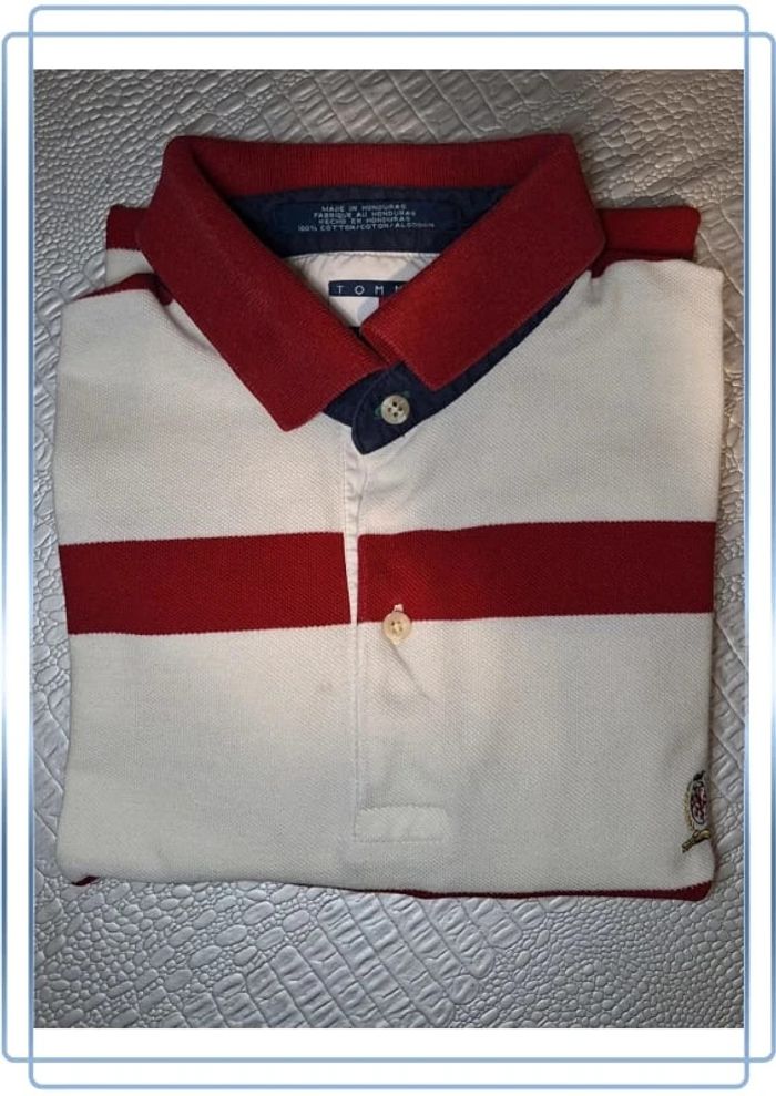 Polo tommy hilfiger blanc et rouge manche courte 100% coton - taille L brodé (35) - photo numéro 10