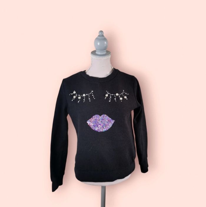 Sweat gris chiné molletonné perles strass et sequins C&A taille 9 ans