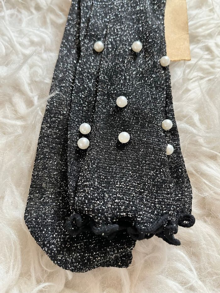 Chaussettes fines noires paillettes argentées perles blanches 24/26cm Stradivarius neuves 🧦 - photo numéro 2
