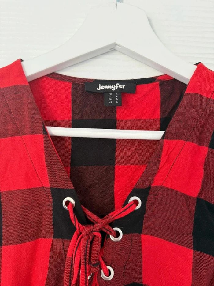Haut chemise à carreaux rouges et noirs manches trois quart avec décolleté et lacets - photo numéro 3