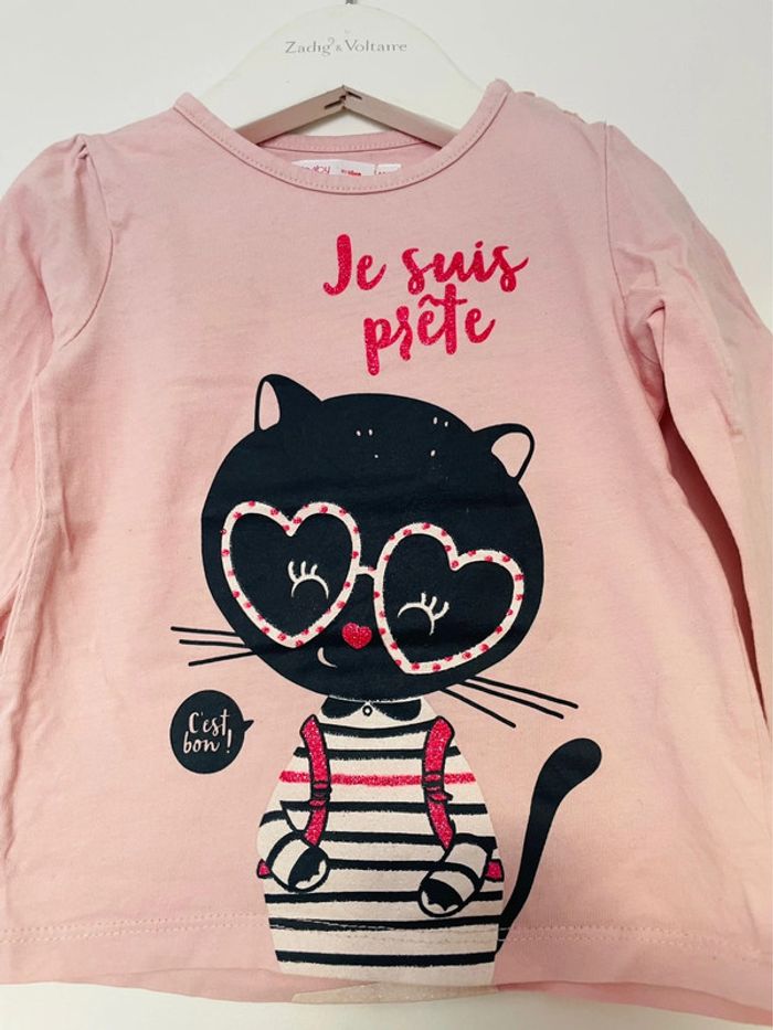 Tee shirt manche longue fille rose chat 18 mois - photo numéro 2