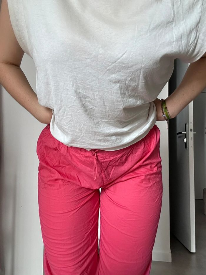 Pantalon fluide rose – Taille M – Jambes larges – À cordons - photo numéro 2
