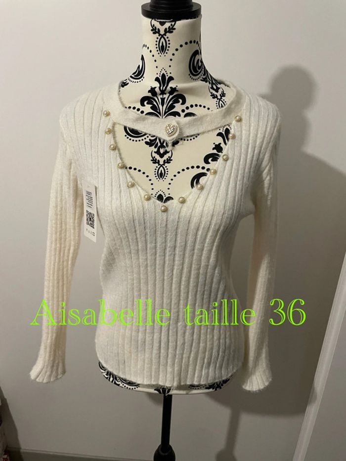 Pull manche longue tout doux blanc perle strass col V cœur neuf Aisabelle taille 36
