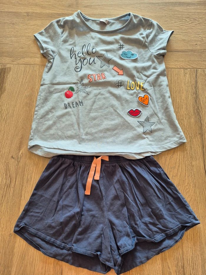 Pyjama fille 10 ans bleu avec motifs en relief