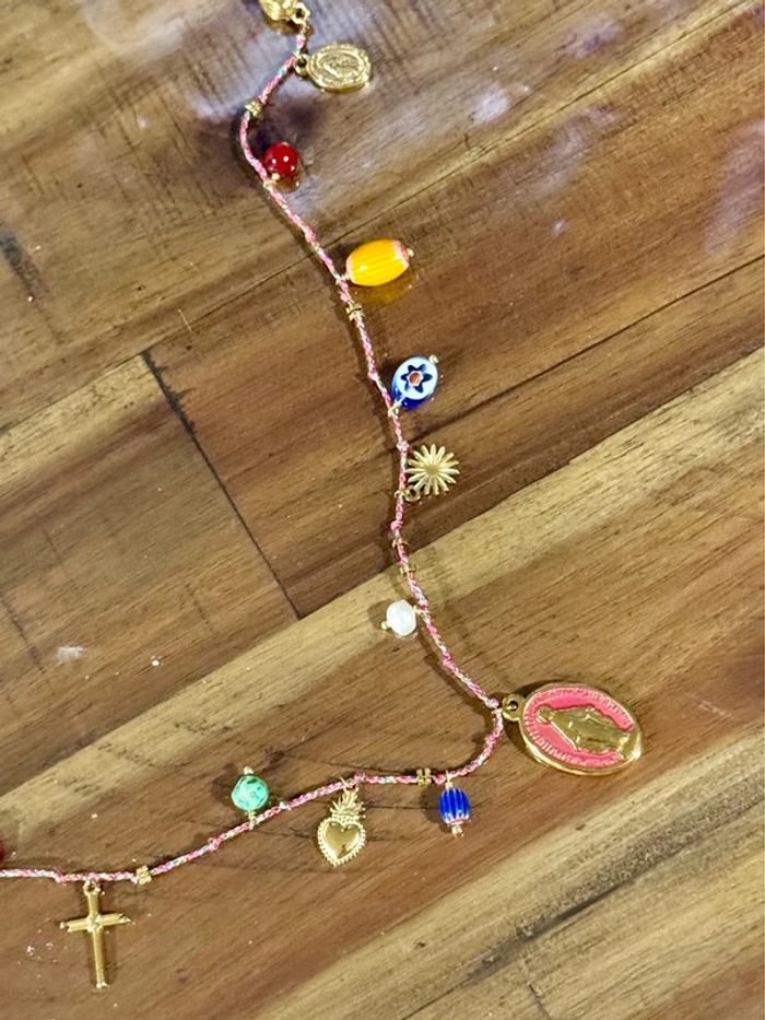 Collier sautoir habaha Paris cordon tressé pampilles perles cœur médaille vierge - photo numéro 4