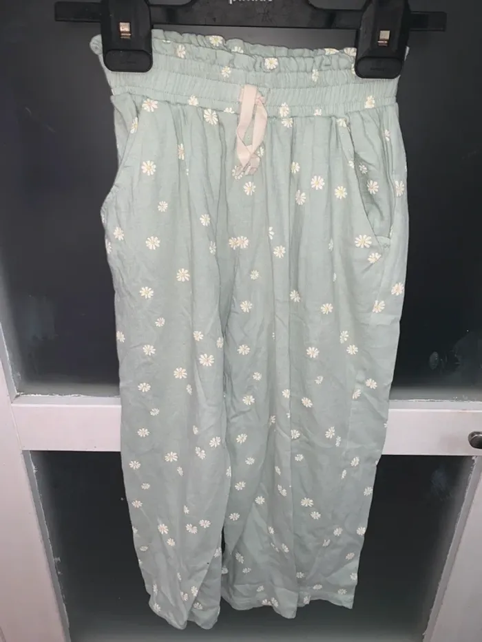 Pantalon vert pastel à fleurs, taille élastique, poches