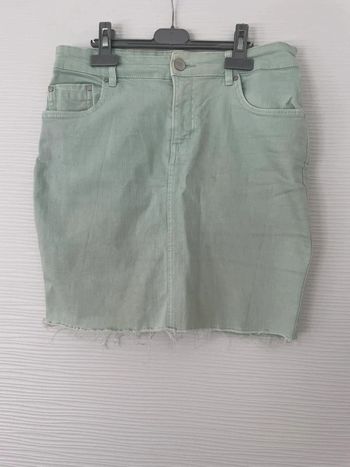 Jupe en jean vert d'eau turquoise menthe droite avec poches unie basique simple
