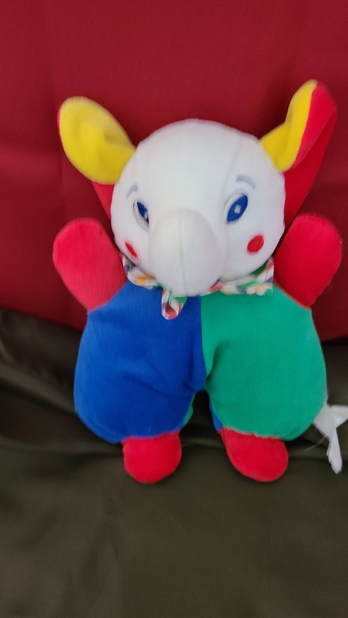 doudou éléphant vintage bleu vert jaune rouge bandana