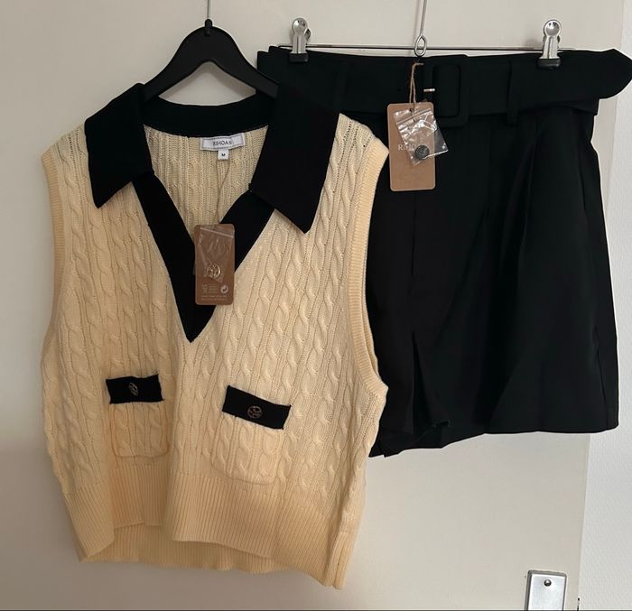 Ensemble Rihoas taille M short noir taille haute et gilet top en maille crème - photo numéro 2