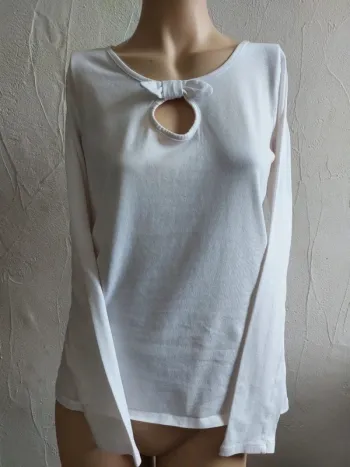 T-shirt Blanc à Manches Longues avec Nœud Taille L