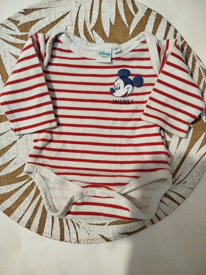 Body manches longues marinière rouge Mickey 3 mois Disney