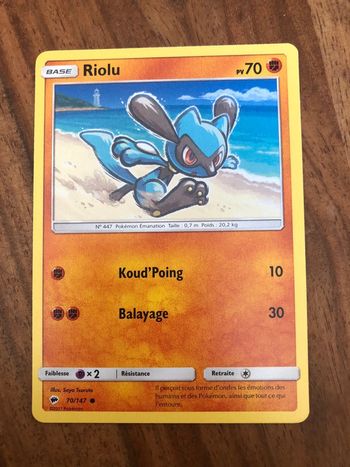 Carte Pokémon RIOLU 70/147 - pv70 - Soleil et Lune - Ombres Ardentes