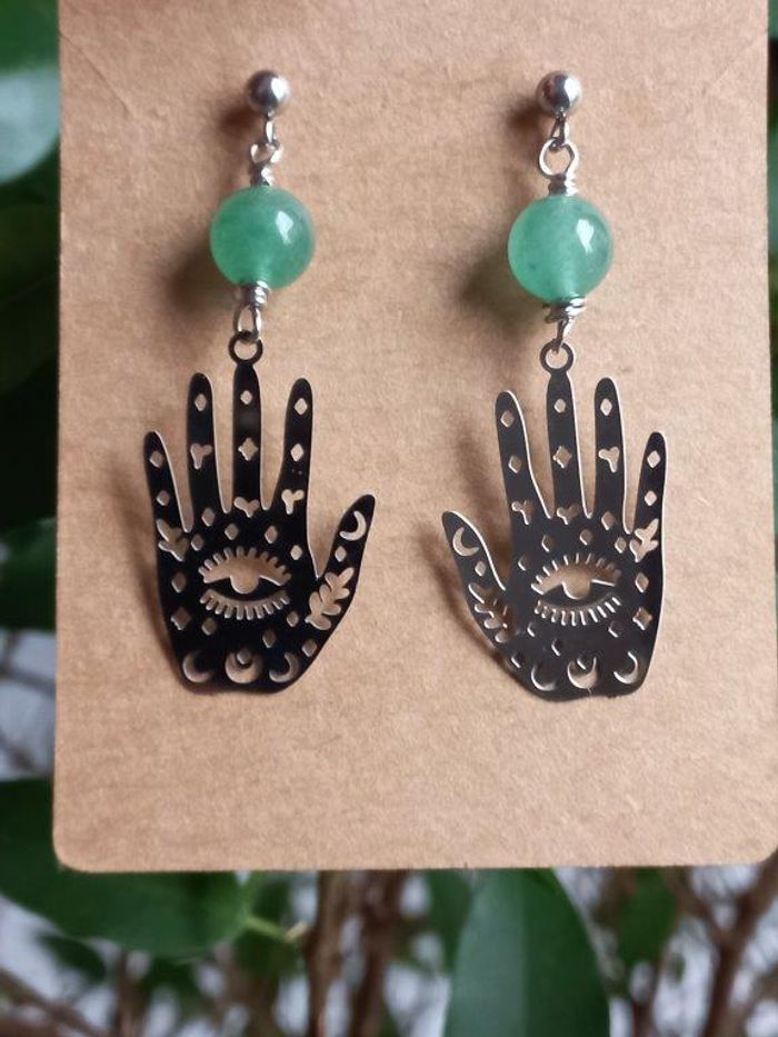 Boucles d'oreilles mains et aventurine - photo numéro 2