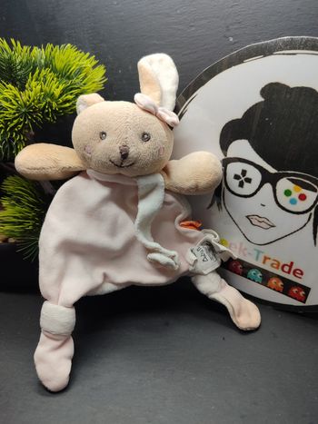 doudou attache tétine lapin baby Nat' bio rose blanc beige noeud bn0580 Marron  