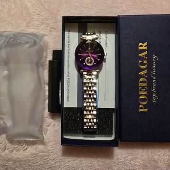 Montre quartz étanche – Argenté doré violet – Verre trempé, acier inoxydable – Femmes – Poedagar – Neuf, avec étiquette