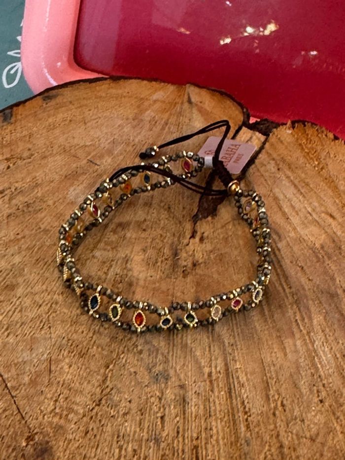 Bracelet manchette fils tissés perles pyrite cristaux losanges serties habaha Paris