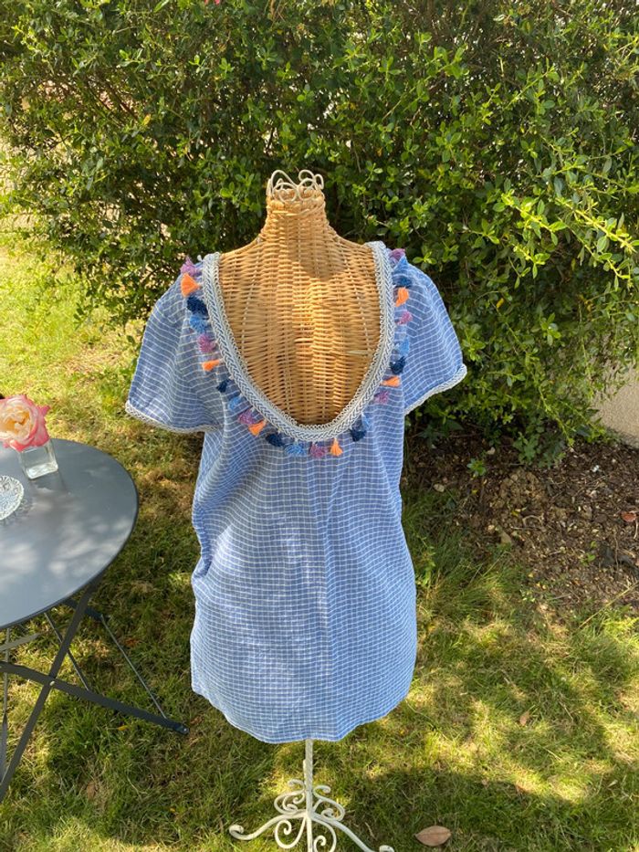 Robe été bleue et blanche à carreaux avec pompoms taille XS - photo numéro 3