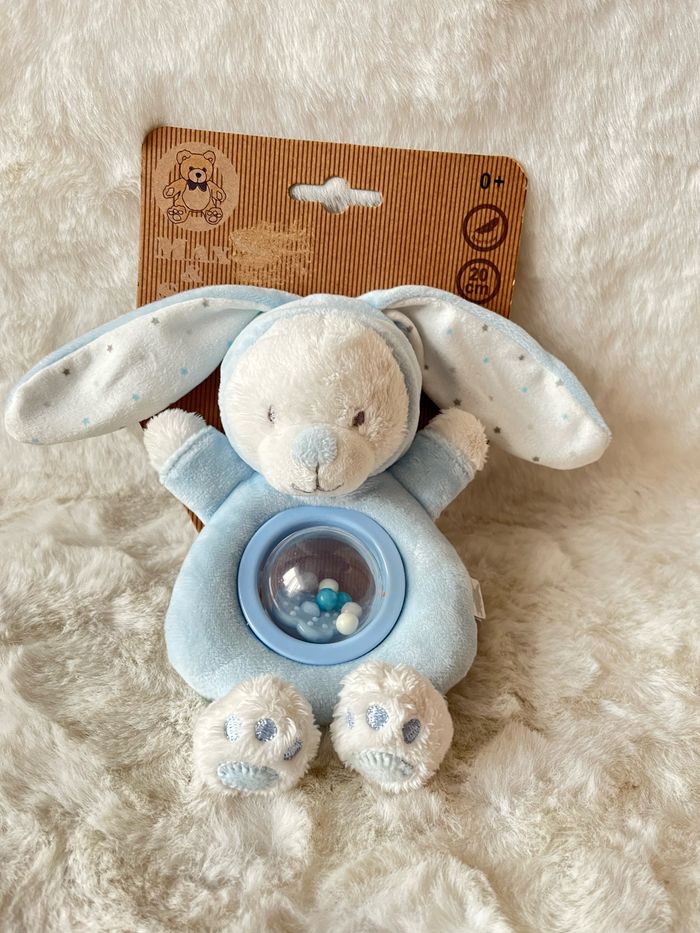 Doudou, hochet lapin bleu Max & Sax 20 cm