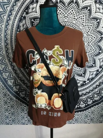 Tee-shirt marron imprimé nounours billet cash / fb sister / (M)