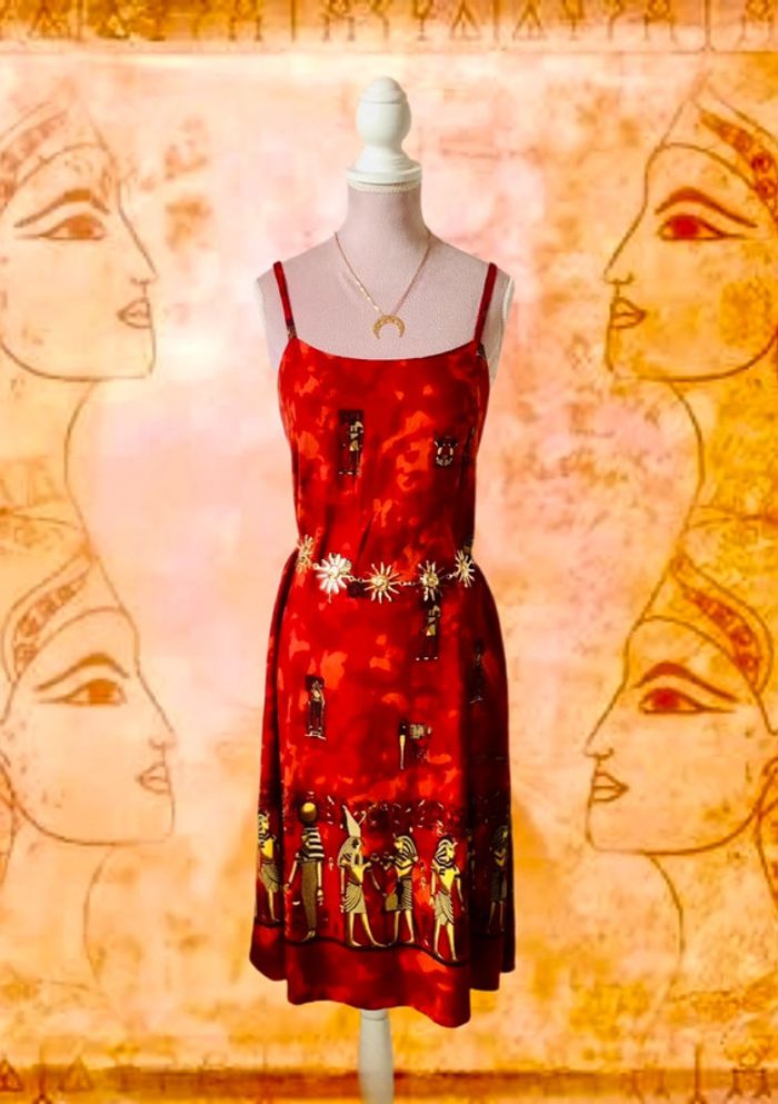 🌴Robe d’été ethnique fluide imprimé pharaons🌞Red summer dress Egyptian vibes🇪🇬