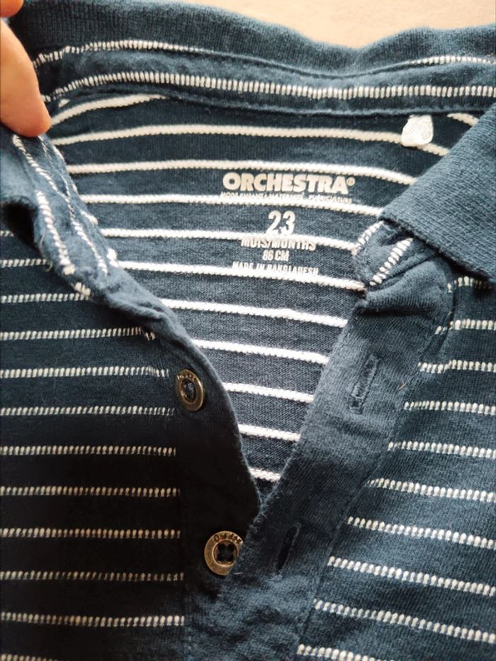 Tee shirt manches longues avec col et boutons bleu rayures blanches orchestra 2 ans - photo numéro 2