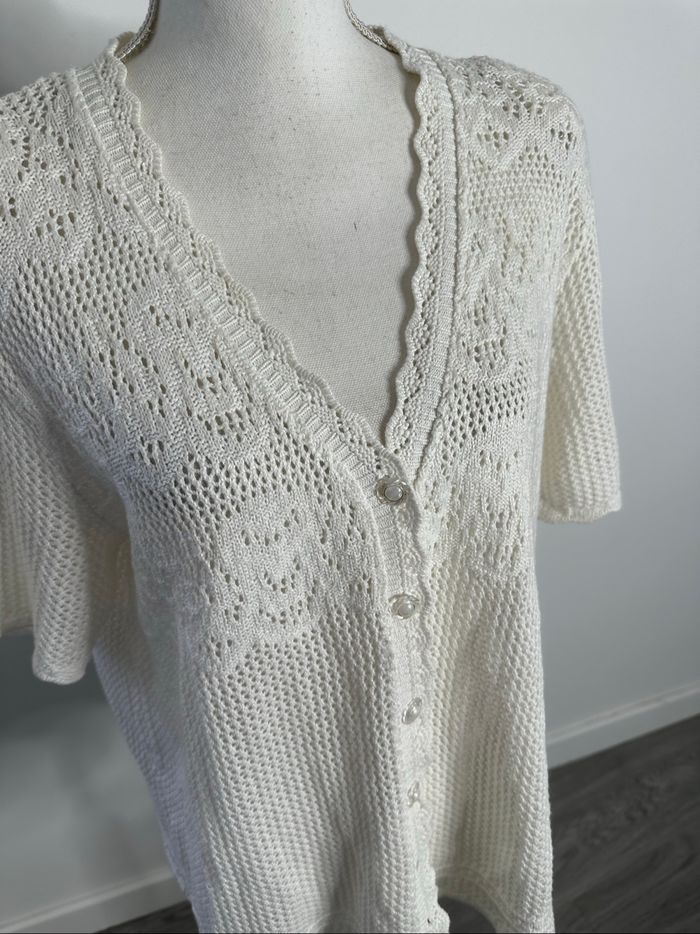 Cardigan en crochet tricot blanc crème Vintage T46 3XL - photo numéro 3