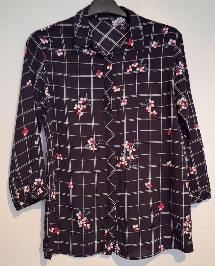 Chemise imprimée carreaux et fleurs manches 3/4
