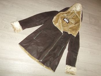 Manteau ISACO & KAWA cuir nubuck marron, capuche, entièrement fourré 38 TBE