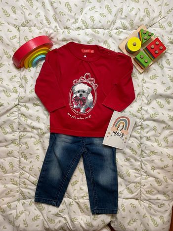 ensemble teeshirt manches longues rouge tissaia et jean slim bleu taille réglable 3 pommes 12 mois