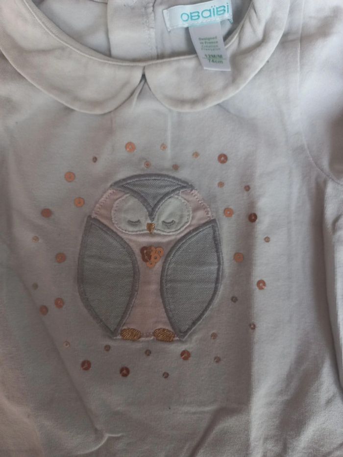 T-shirt blanc "Chouette" Obaïbi 12mois 74cm - photo numéro 3