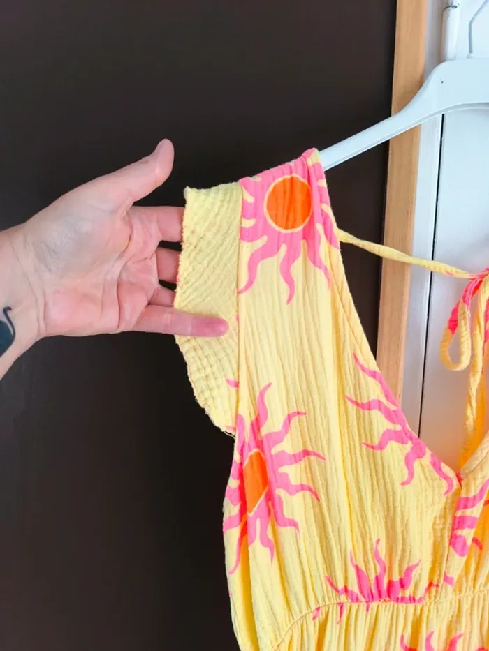 Robe longue été jaune et rose gaz de coton imprimé soleil TU 36 à 42 - photo numéro 4