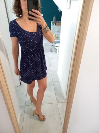 Robe à pois marine et blanche en gaz de coton