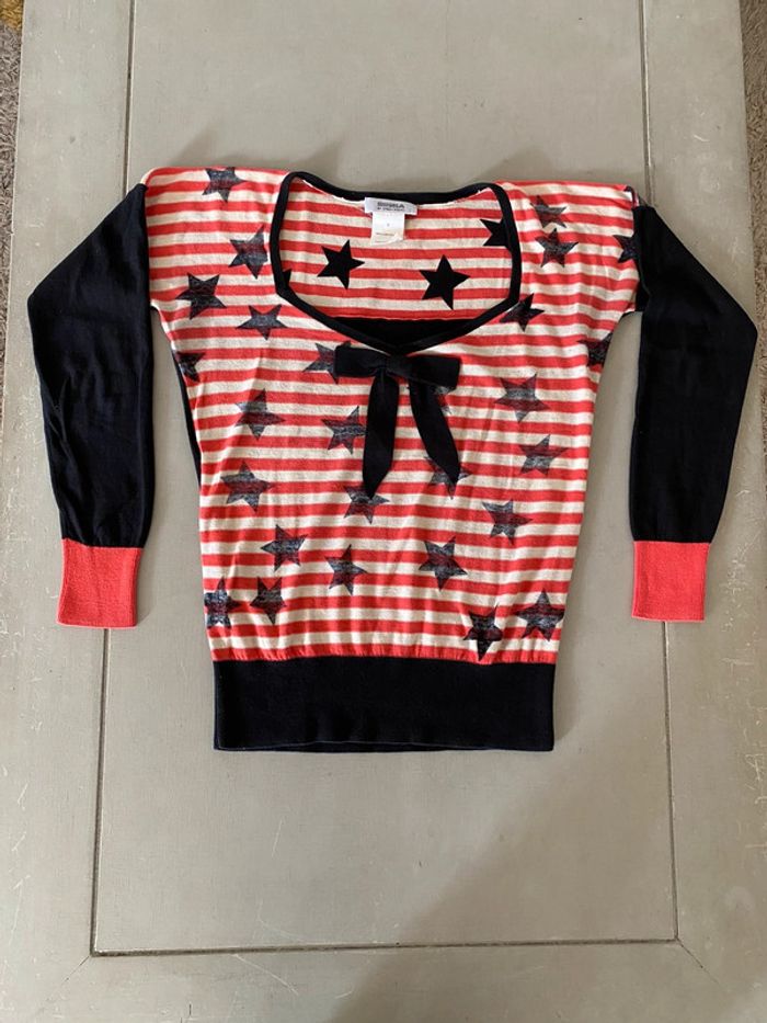 Pull Sonia by Sonia Rykiel taille S noir orange crème avec noeud et étoiles - photo numéro 10