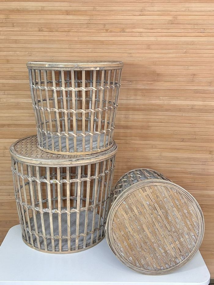 Set de 3 tables d'appoint rondes en bambou aspect cérusé – Fait main - photo numéro 7