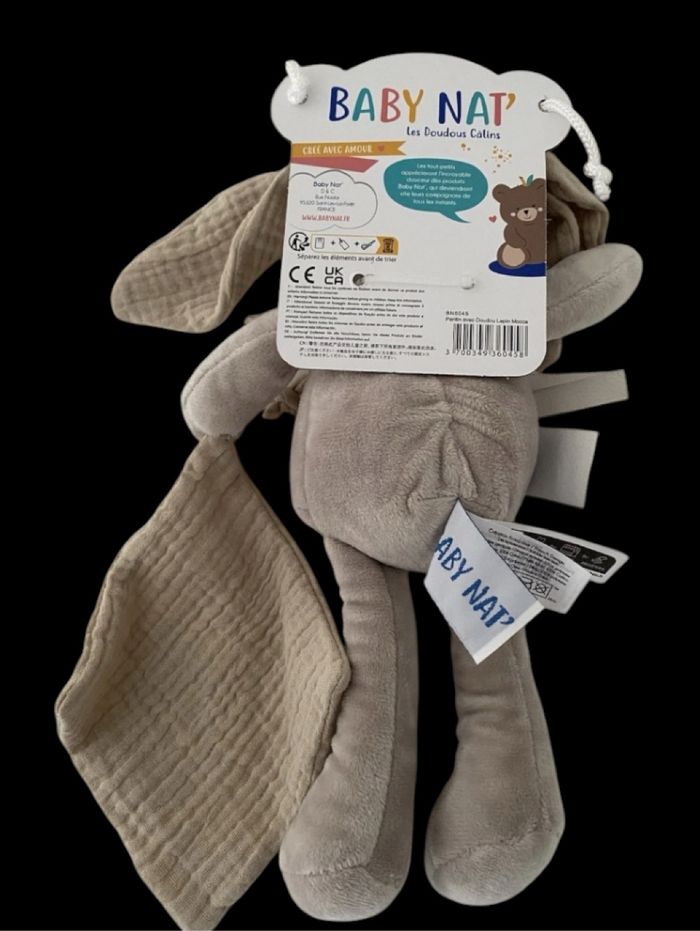 ❤️B4898 Doudou Plat Mouchoir Lapin Mocca Beige Gris Nez Cœur Babynat Baby Nat - photo numéro 2