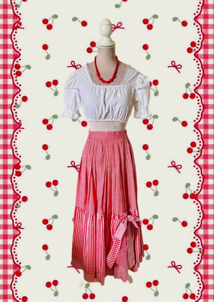 🍒Longue jupe vintage carreaux vichy à volants champêtre cottagecore gingham ruffled long skirt🍒