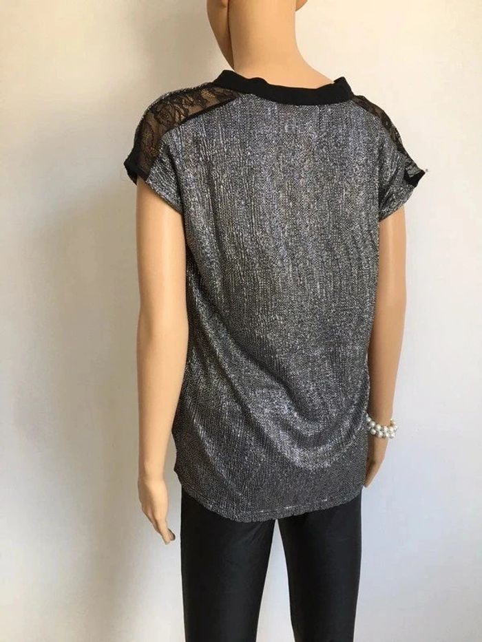 Blouse argentée et noire neuve à manches courtes avec dentelle Morgan taille XS (valeur 35€) - photo numéro 7