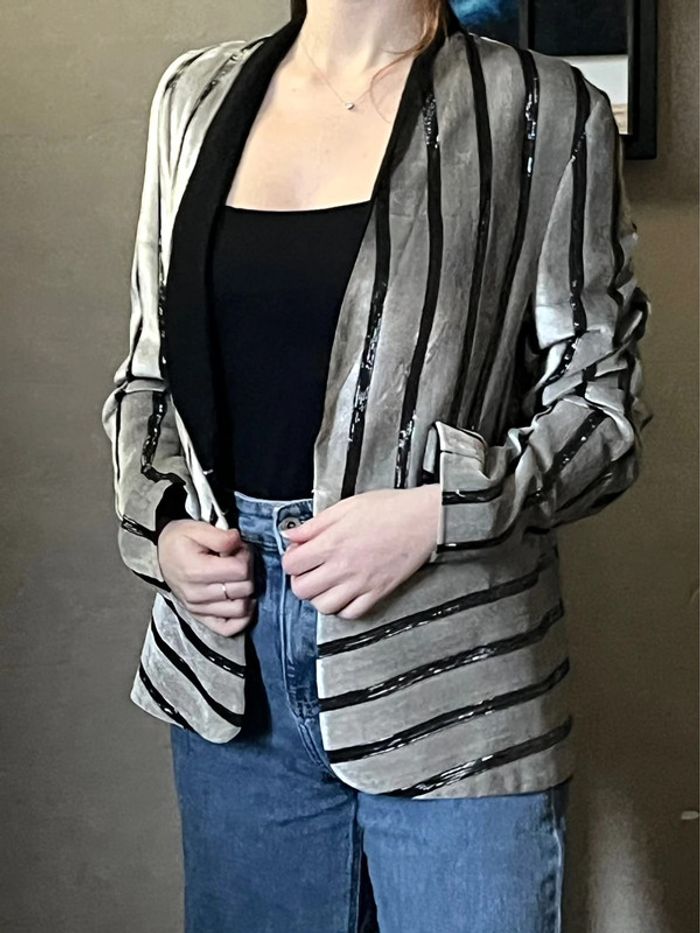 Veste blazer rayures noires et argentées en velours - photo numéro 2