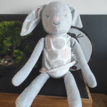 Doudou lapin gris blanc rose obaibi 35 cm rond peluche robe