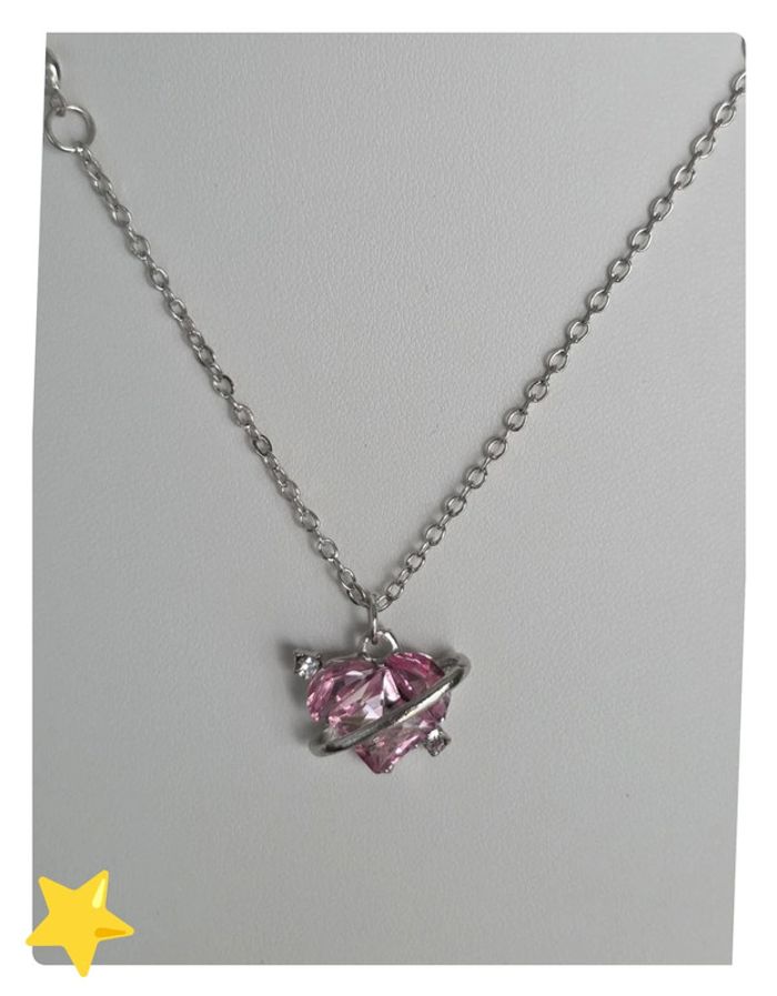 Ensemble Collier + boucle d'oreilles argenté cœur rose 45-50cm - photo numéro 2