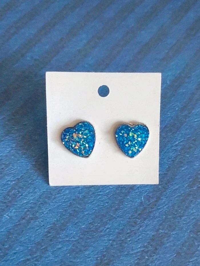 Boucles puces d'oreilles coeur strass bleu inox 🇨🇵 Fabrication Artisanale - Ø 12mm