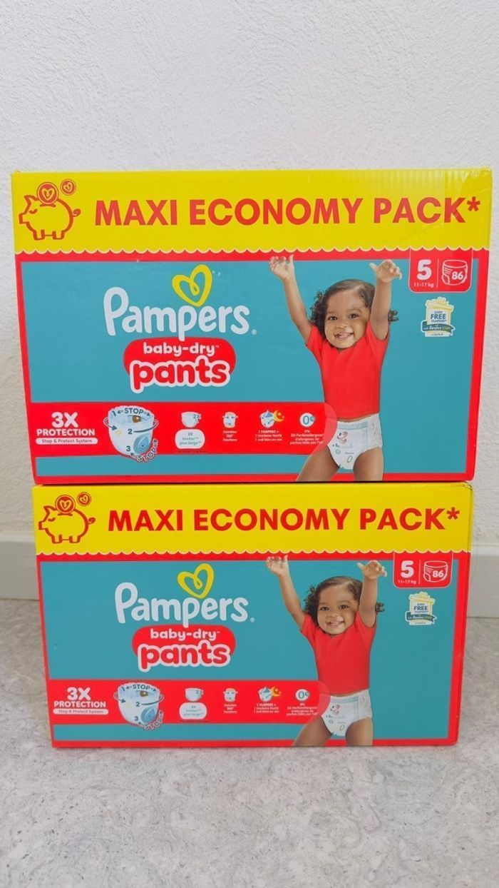 Lot de 2 carton Pampers pants taille 5 maxi pack, soit 172 couches culotte ( pants) Neuf sous emballage
60€