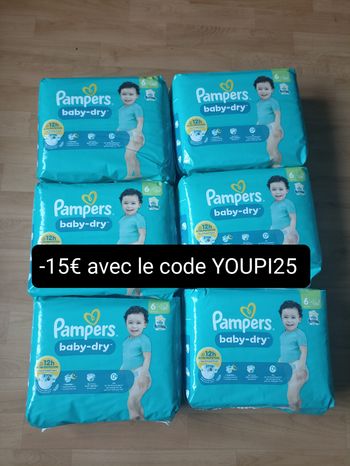 Six paquets couches Pampers baby-dry T6 taille 6