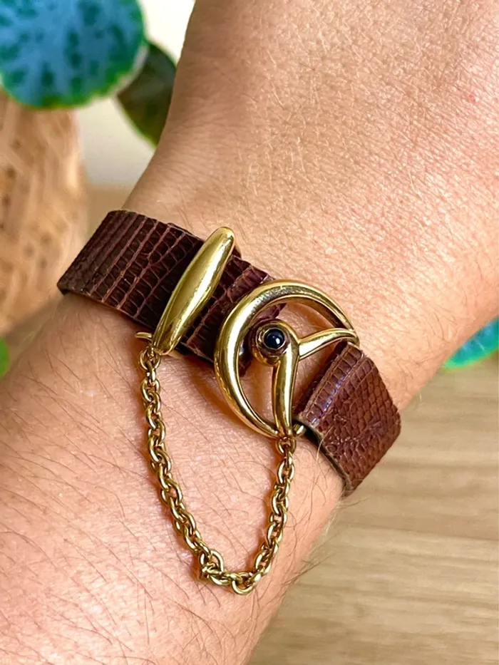 sublime Bracelet cuir lezard marron boucle metal dore avec chaine - photo numéro 8