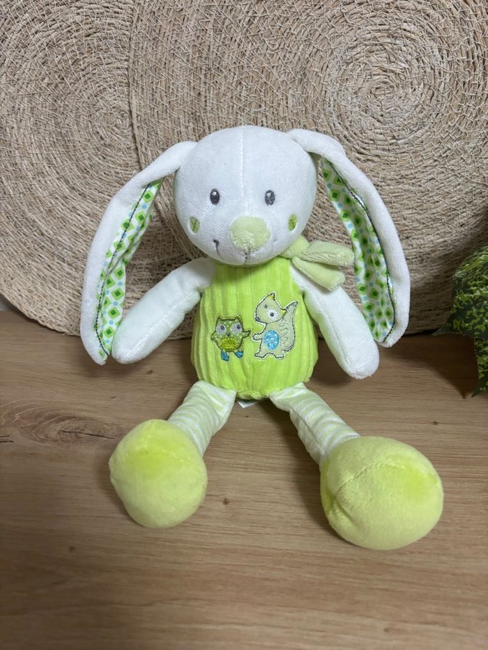 Doudou lapin vert blanc hibou mots d enfants - photo numéro 2