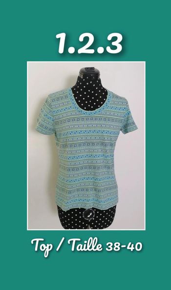 Top ethnique géométrique bleu turquoise jaune Taille M/L 1.2.3